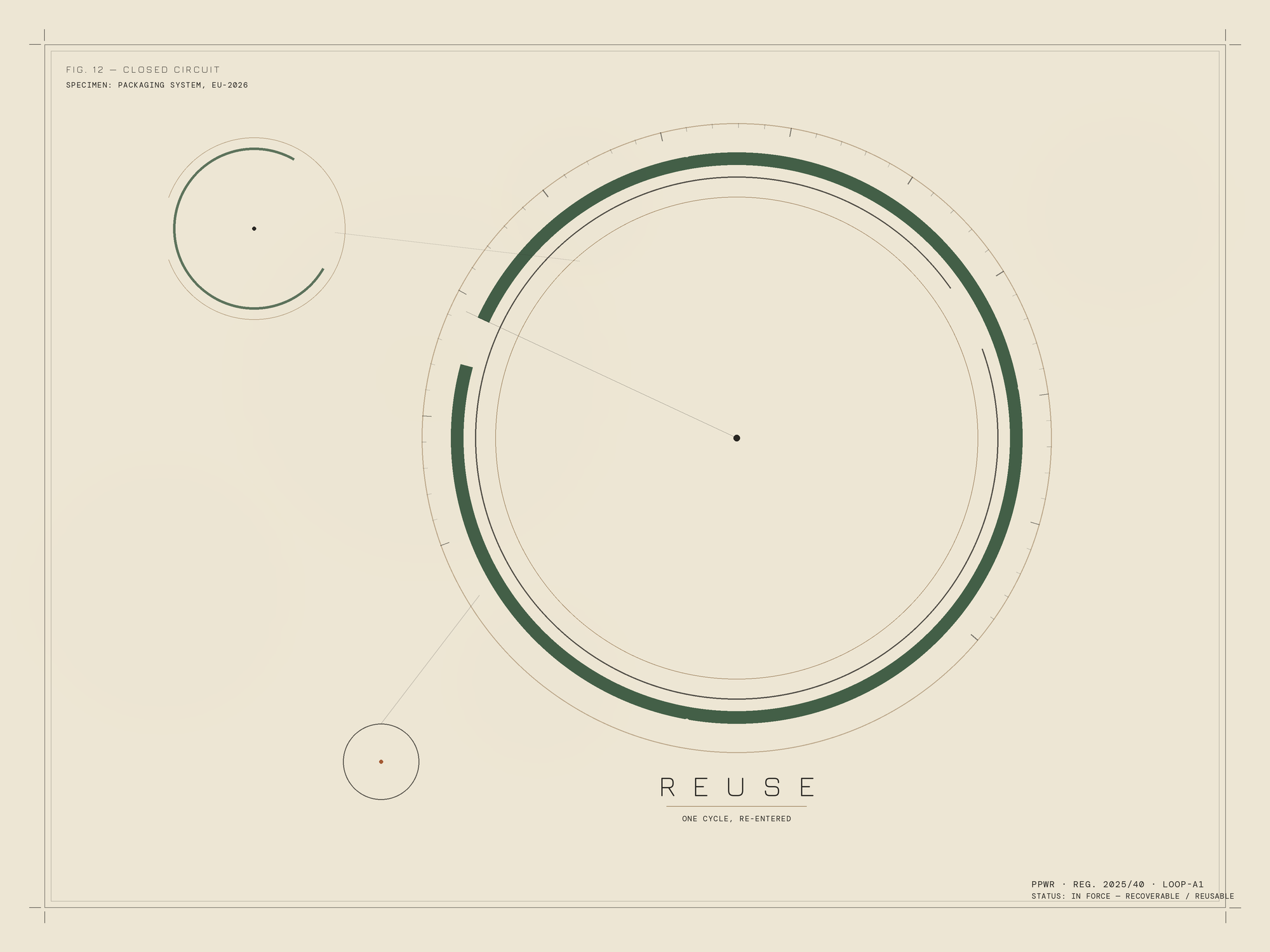 Archival-style diagram of concentric circular loops in kraft brown, deep green, and graphite ink, evoking a scientific specimen plate, with the label REUSE beneath the main circuit — an original illustration on EU packaging circularity