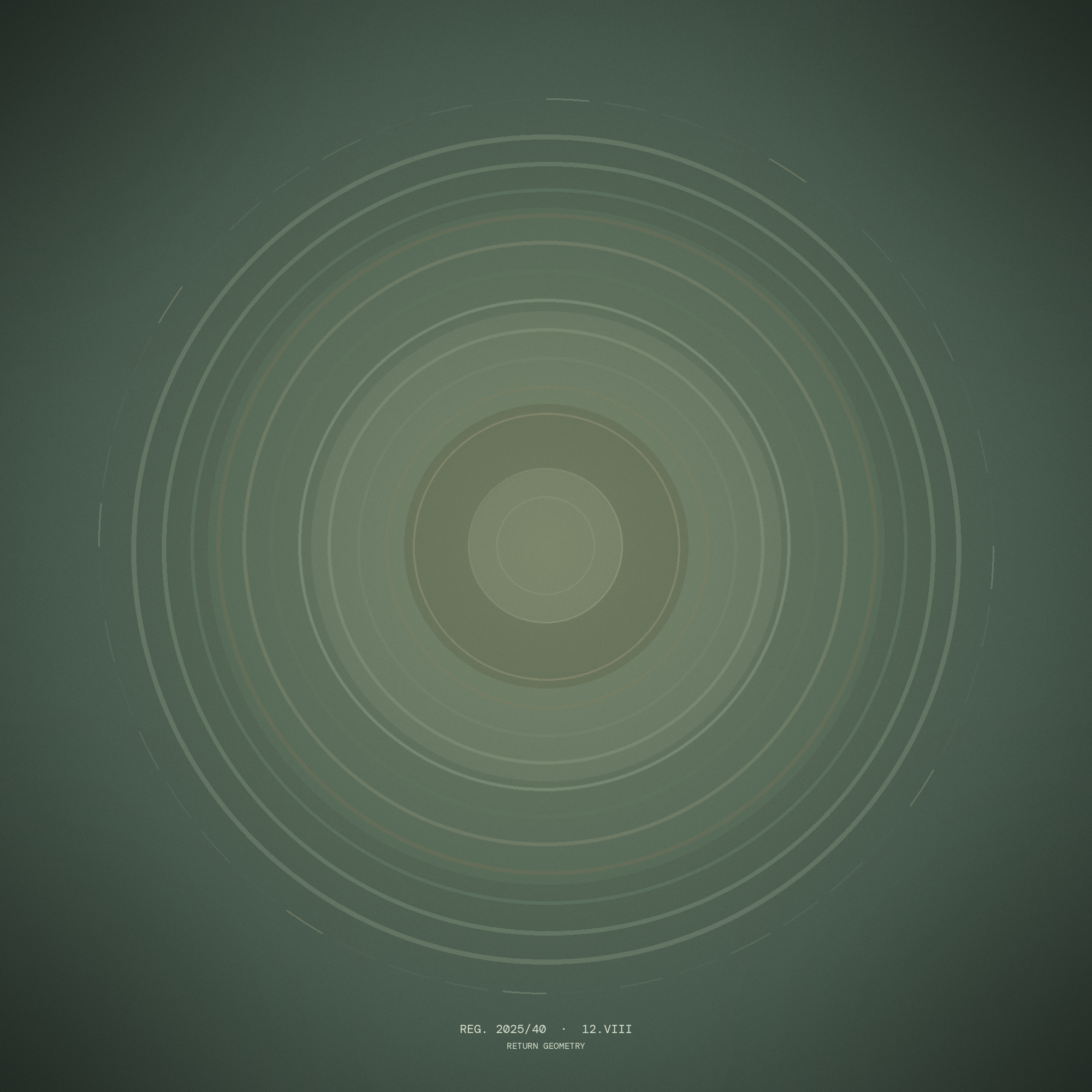 Abstract concentric rings in bottle-green, sea-glass, and terracotta tones evoking a reusable vessel viewed from above